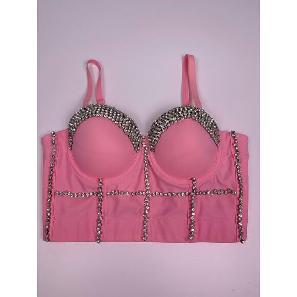 NWT Molly’s World Boutique Pink Rhinestone Cropped Corset Top Size 34B / XS - Picture 3 of 11